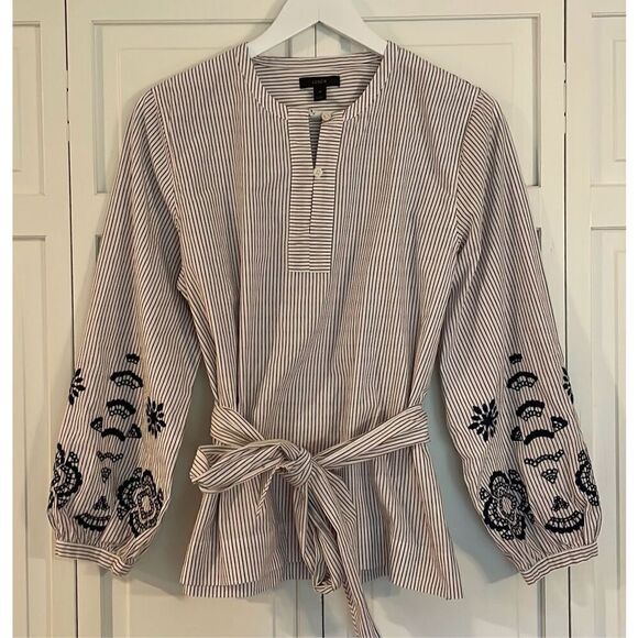 J.Crew striped embroidered tie front blouse size M - Picture 4 of 13